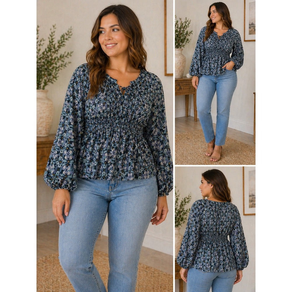 Max Edition Peplum Blouse Womens Medium Blue Floral Boho Cottagecore